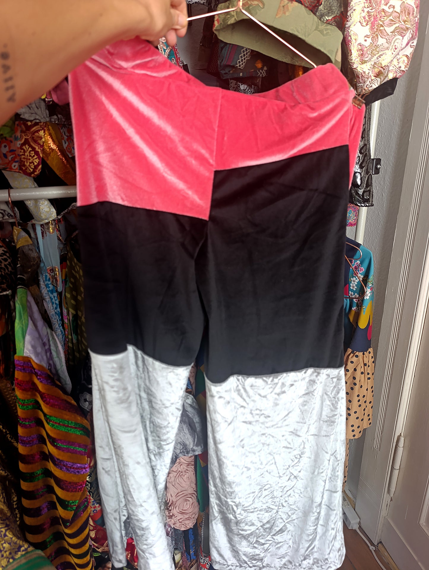 Pink black grey trousers