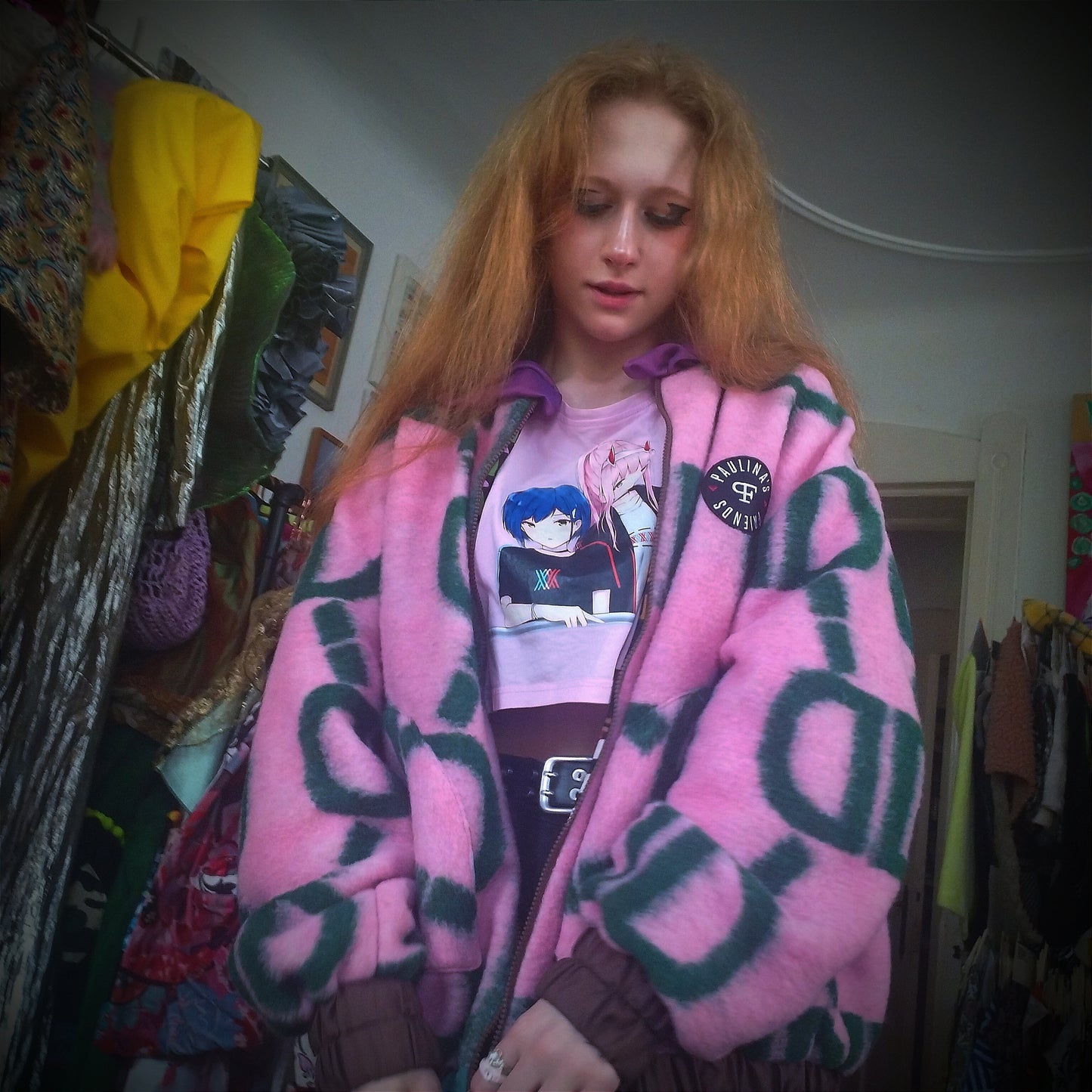 Plush pink harlequin bomber