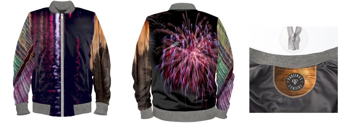 #iwearitmyself Vibrant and stylish bomber jacket showcasing a colorful personalized design, featuring bold patterns and customized elements. The jacket has a sleek modern fit, ribbed cuffs, and a unique graphic for a distinctive look. Ideal for those seeking a statement outerwear piece with a creative, tailored touch.