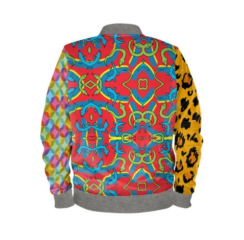 #iwearitmyself Vibrant and stylish bomber jacket showcasing a colorful personalized design, featuring bold patterns and customized elements. The jacket has a sleek modern fit, ribbed cuffs, and a unique graphic for a distinctive look. Ideal for those seeking a statement outerwear piece with a creative, tailored touch.