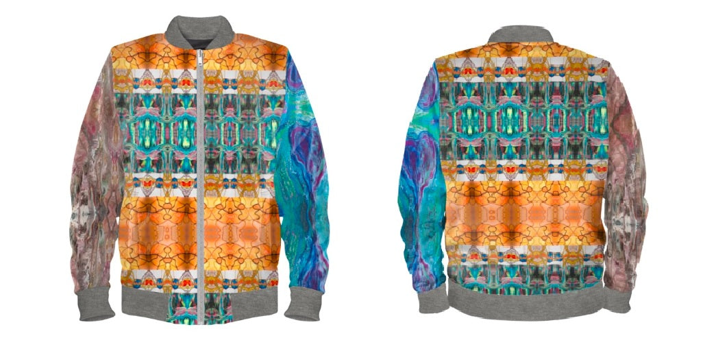 #iwearitmyself Vibrant and stylish bomber jacket showcasing a colorful personalized design, featuring bold patterns and customized elements. The jacket has a sleek modern fit, ribbed cuffs, and a unique graphic for a distinctive look. Ideal for those seeking a statement outerwear piece with a creative, tailored touch.
