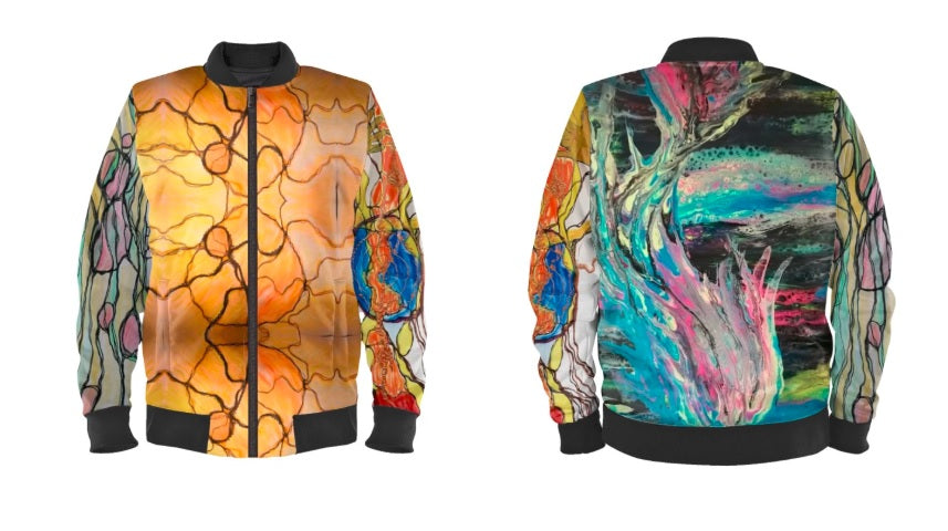 #iwearitmyself Vibrant and stylish bomber jacket showcasing a colorful personalized design, featuring bold patterns and customized elements. The jacket has a sleek modern fit, ribbed cuffs, and a unique graphic for a distinctive look. Ideal for those seeking a statement outerwear piece with a creative, tailored touch.