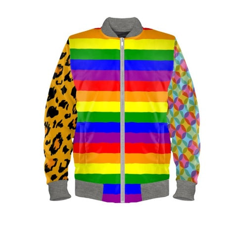 #iwearitmyself Vibrant and stylish bomber jacket showcasing a colorful personalized design, featuring bold patterns and customized elements. The jacket has a sleek modern fit, ribbed cuffs, and a unique graphic for a distinctive look. Ideal for those seeking a statement outerwear piece with a creative, tailored touch.