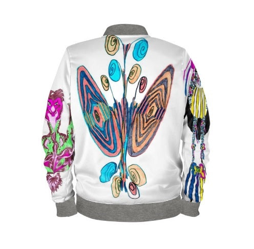 #iwearitmyself Vibrant and stylish bomber jacket showcasing a colorful personalized design, featuring bold patterns and customized elements. The jacket has a sleek modern fit, ribbed cuffs, and a unique graphic for a distinctive look. Ideal for those seeking a statement outerwear piece with a creative, tailored touch.