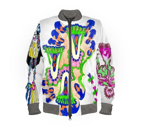 #iwearitmyself Vibrant and stylish bomber jacket showcasing a colorful personalized design, featuring bold patterns and customized elements. The jacket has a sleek modern fit, ribbed cuffs, and a unique graphic for a distinctive look. Ideal for those seeking a statement outerwear piece with a creative, tailored touch.