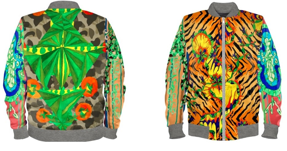 #iwearitmyself Vibrant and stylish bomber jacket showcasing a colorful personalized design, featuring bold patterns and customized elements. The jacket has a sleek modern fit, ribbed cuffs, and a unique graphic for a distinctive look. Ideal for those seeking a statement outerwear piece with a creative, tailored touch.