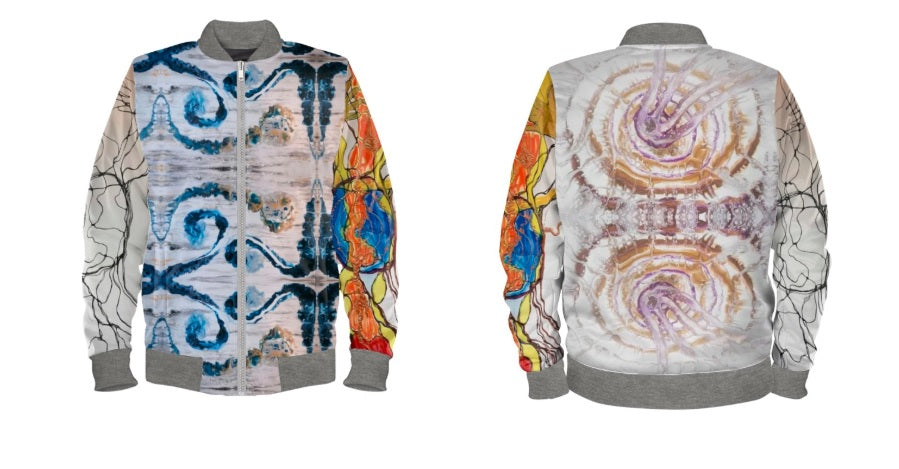 #iwearitmyself Vibrant and stylish bomber jacket showcasing a colorful personalized design, featuring bold patterns and customized elements. The jacket has a sleek modern fit, ribbed cuffs, and a unique graphic for a distinctive look. Ideal for those seeking a statement outerwear piece with a creative, tailored touch.