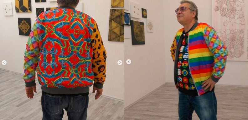 #iwearitmyself Vibrant and stylish bomber jacket showcasing a colorful personalized design, featuring bold patterns and customized elements. The jacket has a sleek modern fit, ribbed cuffs, and a unique graphic for a distinctive look. Ideal for those seeking a statement outerwear piece with a creative, tailored touch.