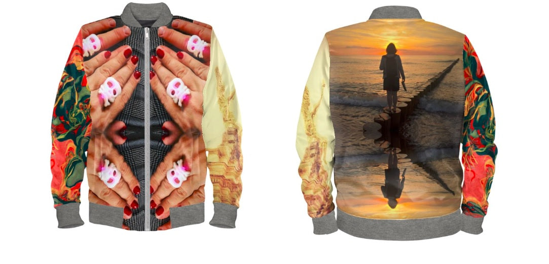#iwearitmyself Vibrant and stylish bomber jacket showcasing a colorful personalized design, featuring bold patterns and customized elements. The jacket has a sleek modern fit, ribbed cuffs, and a unique graphic for a distinctive look. Ideal for those seeking a statement outerwear piece with a creative, tailored touch.