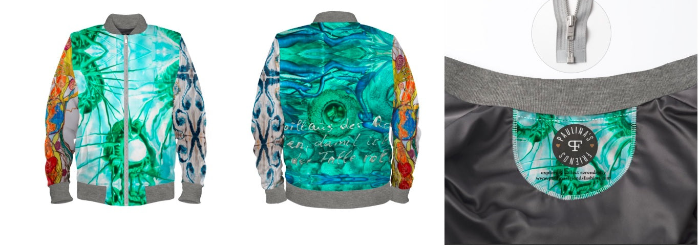 #iwearitmyself Vibrant and stylish bomber jacket showcasing a colorful personalized design, featuring bold patterns and customized elements. The jacket has a sleek modern fit, ribbed cuffs, and a unique graphic for a distinctive look. Ideal for those seeking a statement outerwear piece with a creative, tailored touch.