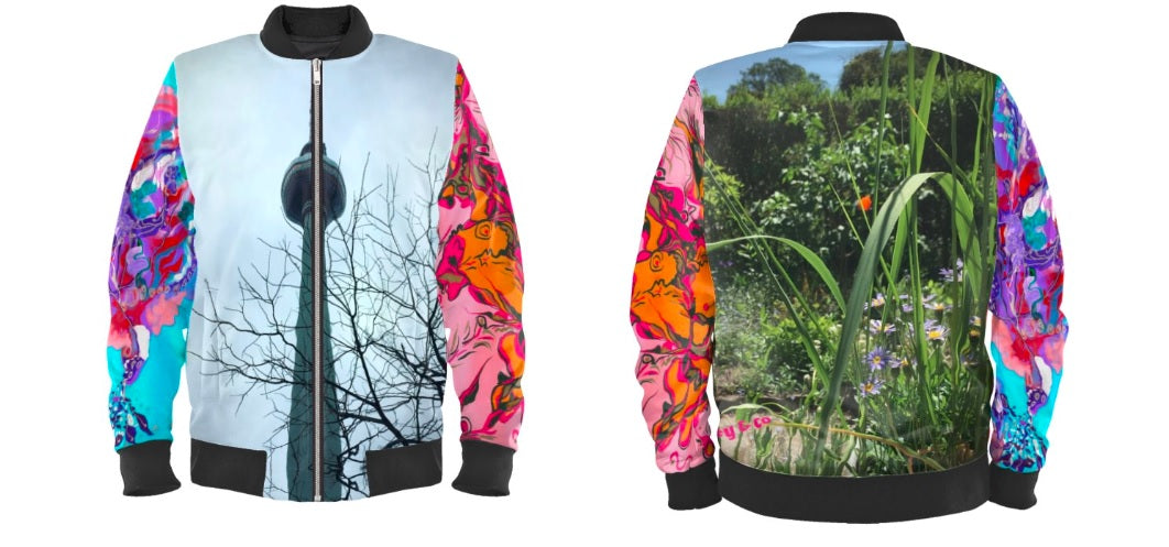 #iwearitmyself Vibrant and stylish bomber jacket showcasing a colorful personalized design, featuring bold patterns and customized elements. The jacket has a sleek modern fit, ribbed cuffs, and a unique graphic for a distinctive look. Ideal for those seeking a statement outerwear piece with a creative, tailored touch.