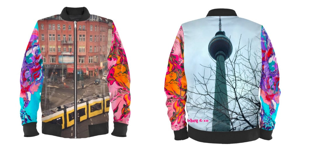#iwearitmyself Vibrant and stylish bomber jacket showcasing a colorful personalized design, featuring bold patterns and customized elements. The jacket has a sleek modern fit, ribbed cuffs, and a unique graphic for a distinctive look. Ideal for those seeking a statement outerwear piece with a creative, tailored touch.