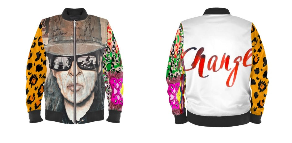 #iwearitmyself Vibrant and stylish bomber jacket showcasing a colorful personalized design, featuring bold patterns and customized elements. The jacket has a sleek modern fit, ribbed cuffs, and a unique graphic for a distinctive look. Ideal for those seeking a statement outerwear piece with a creative, tailored touch.