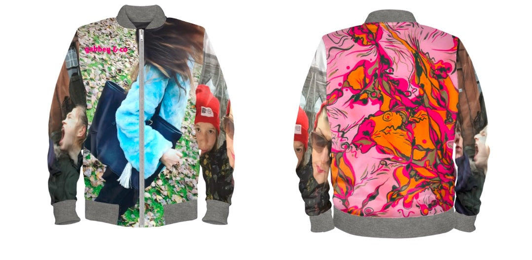 #iwearitmyself Vibrant and stylish bomber jacket showcasing a colorful personalized design, featuring bold patterns and customized elements. The jacket has a sleek modern fit, ribbed cuffs, and a unique graphic for a distinctive look. Ideal for those seeking a statement outerwear piece with a creative, tailored touch.