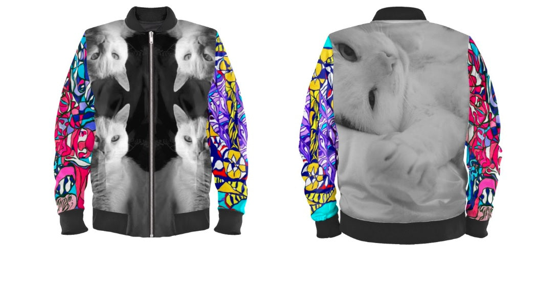 #iwearitmyself Vibrant and stylish bomber jacket showcasing a colorful personalized design, featuring bold patterns and customized elements. The jacket has a sleek modern fit, ribbed cuffs, and a unique graphic for a distinctive look. Ideal for those seeking a statement outerwear piece with a creative, tailored touch.