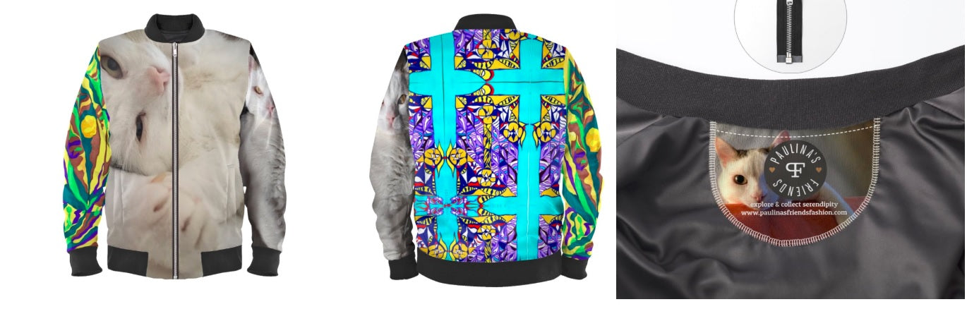 #iwearitmyself Vibrant and stylish bomber jacket showcasing a colorful personalized design, featuring bold patterns and customized elements. The jacket has a sleek modern fit, ribbed cuffs, and a unique graphic for a distinctive look. Ideal for those seeking a statement outerwear piece with a creative, tailored touch.