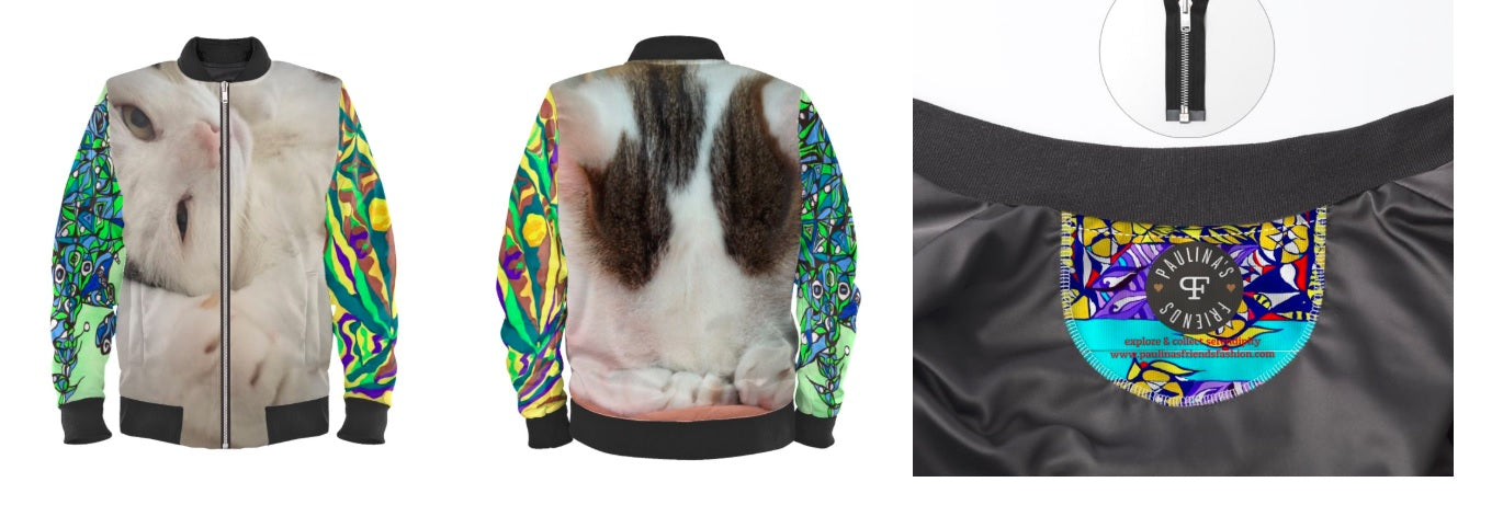 #iwearitmyself Vibrant and stylish bomber jacket showcasing a colorful personalized design, featuring bold patterns and customized elements. The jacket has a sleek modern fit, ribbed cuffs, and a unique graphic for a distinctive look. Ideal for those seeking a statement outerwear piece with a creative, tailored touch.