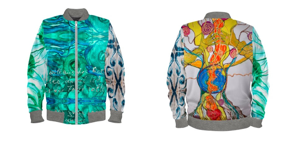 #iwearitmyself Vibrant and stylish bomber jacket showcasing a colorful personalized design, featuring bold patterns and customized elements. The jacket has a sleek modern fit, ribbed cuffs, and a unique graphic for a distinctive look. Ideal for those seeking a statement outerwear piece with a creative, tailored touch.