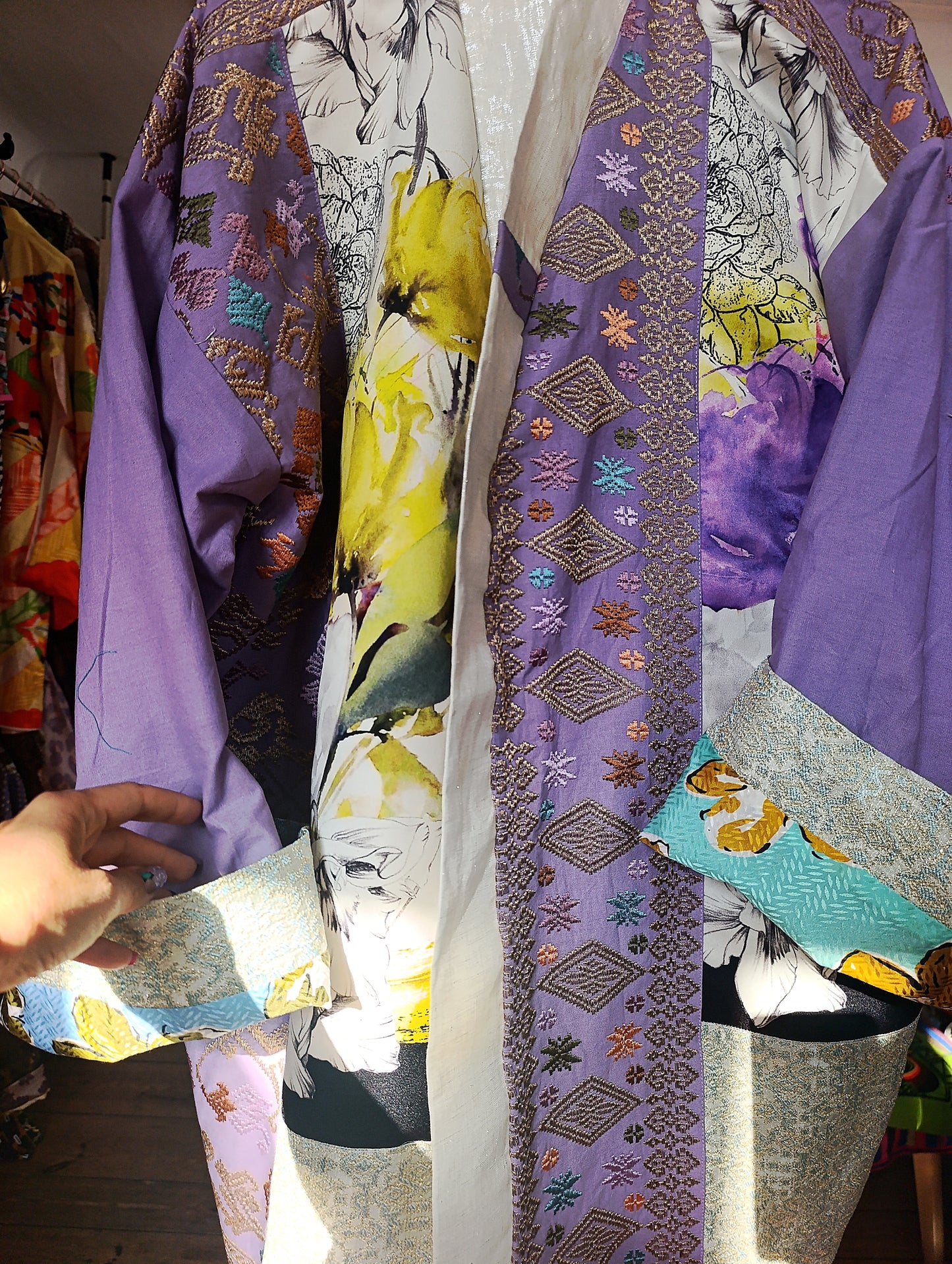 Yellow lila embroidery kimono