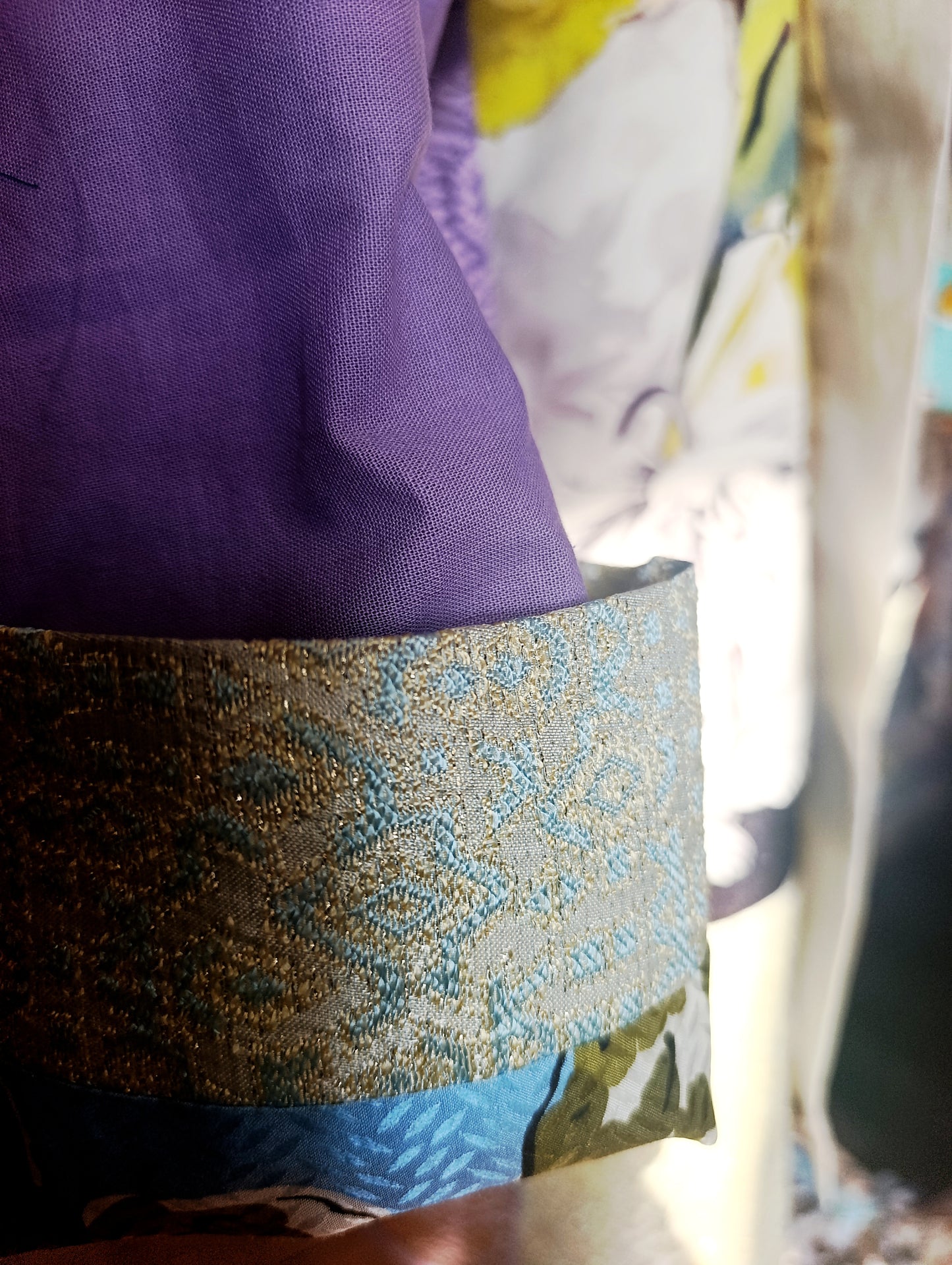 Yellow lila embroidery kimono