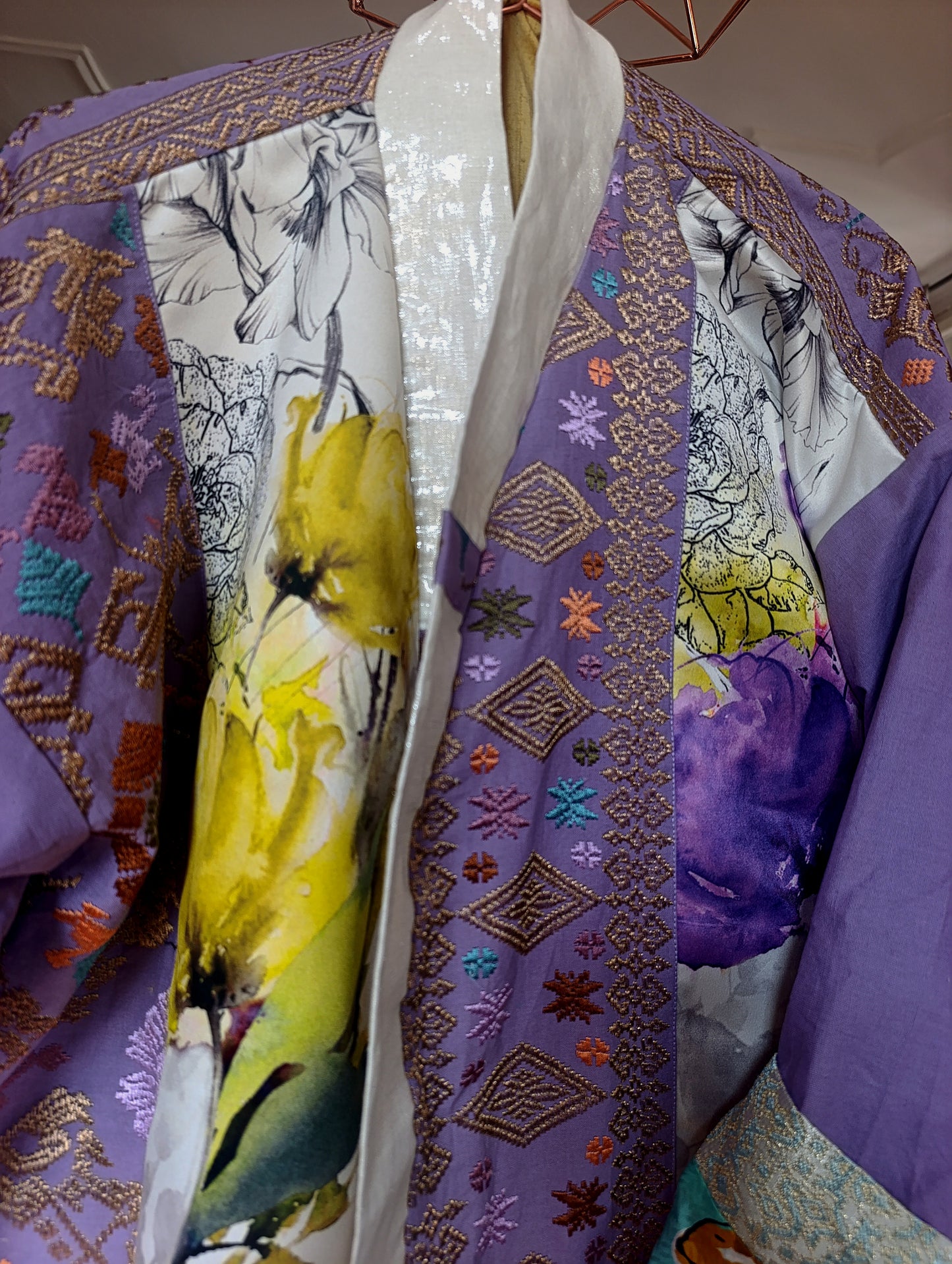 Yellow lila embroidery kimono