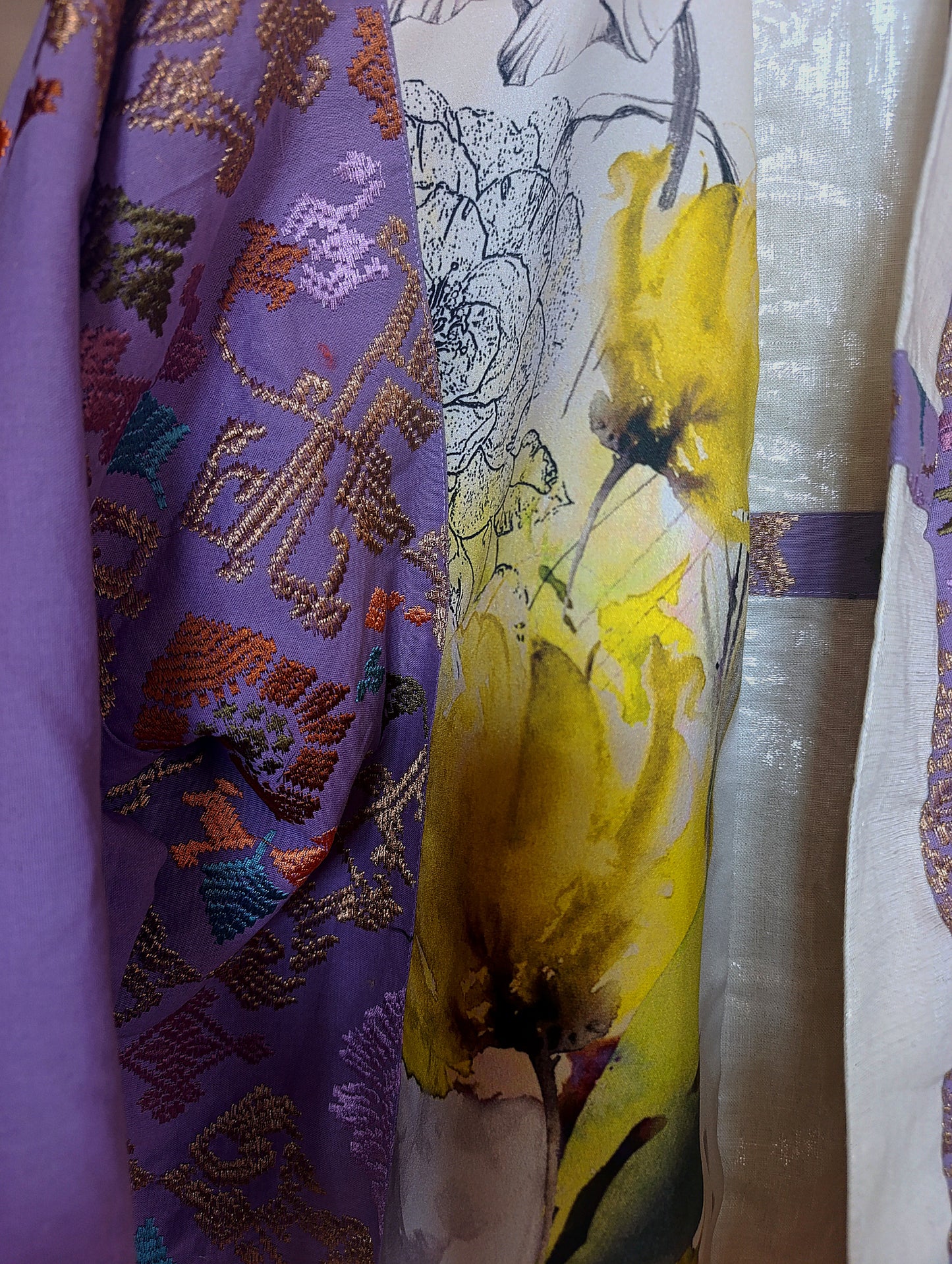 Yellow lila embroidery kimono